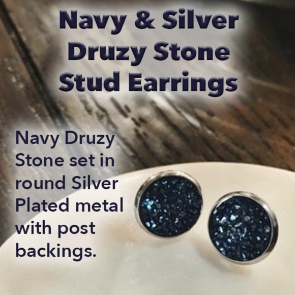 Boutique Jewelry - Navy Druzy Crystals Stones Stud Earrings